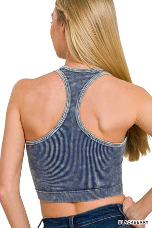 Ribbed Racerback Mineral Washed Crop Tank Top Bralette with pads 6190 by Zenana