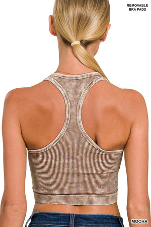 Ribbed Racerback Mineral Washed Crop Tank Top Bralette with pads 6190 by Zenana