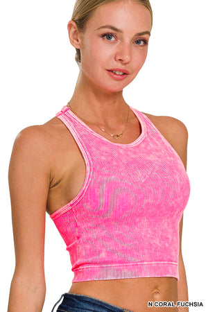 Ribbed Racerback Mineral Washed Crop Tank Top Bralette with pads 6190 by Zenana