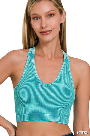 Ribbed Padded Cropped Racerback Stone Washed Tank Top Brami bralette by Zenana - 2 colors