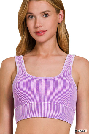 Ribbed Square Neck Mineral Washed Bralette Crop Top with pads 6317 by Zenana