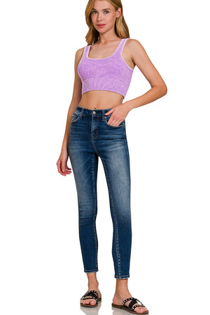 Ribbed Square Neck Mineral Washed Bralette Crop Top with pads 6317 by Zenana