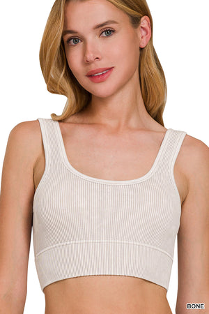 Ribbed Square Neck Mineral Washed Bralette Crop Top with pads 6317 by Zenana