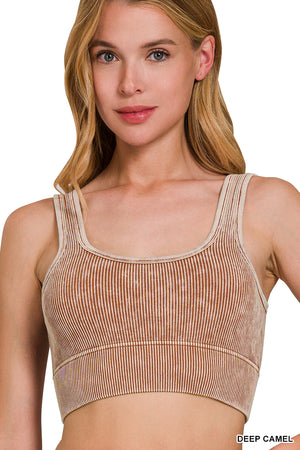 Ribbed Square Neck Mineral Washed Bralette Crop Top with pads 6317 by Zenana