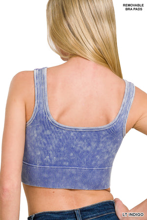 Ribbed Square Neck Mineral Washed Bralette Crop Top with pads 6317 by Zenana