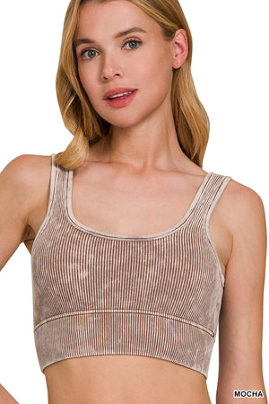 Ribbed Square Neck Mineral Washed Bralette Crop Top with pads 6317 by Zenana
