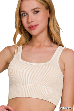 Ribbed Square Neck Mineral Washed Bralette Crop Top with pads 6317 by Zenana