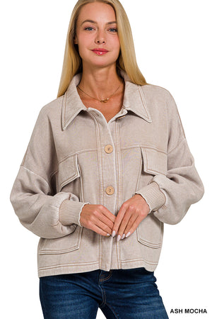 Acid Wash Fleece Cropped Shacket with Front Pockets by Zenana