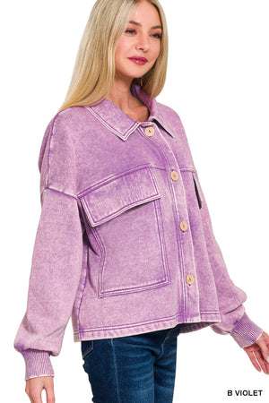 Acid Wash Fleece Cropped Shacket with Front Pockets by Zenana