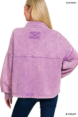 Acid Wash Fleece Cropped Shacket with Front Pockets by Zenana