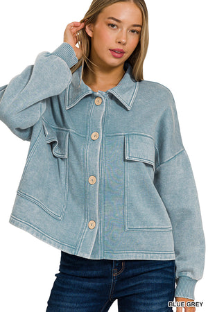 Acid Wash Fleece Cropped Shacket with Front Pockets by Zenana