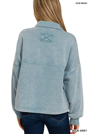 Acid Wash Fleece Cropped Shacket with Front Pockets by Zenana