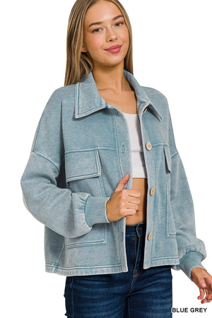 Acid Wash Fleece Cropped Shacket with Front Pockets by Zenana