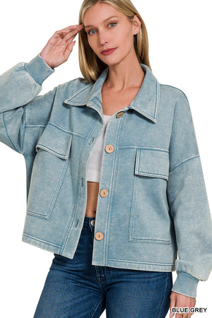 Acid Wash Fleece Cropped Shacket with Front Pockets by Zenana