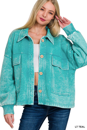 Acid Wash Fleece Cropped Shacket with Front Pockets by Zenana