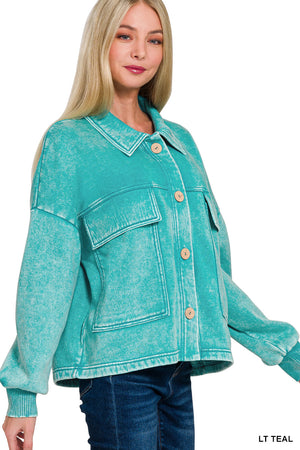 Acid Wash Fleece Cropped Shacket with Front Pockets by Zenana