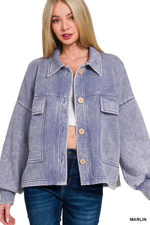 Acid Wash Fleece Cropped Shacket with Front Pockets by Zenana