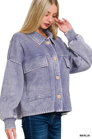 Acid Wash Fleece Cropped Shacket with Front Pockets by Zenana