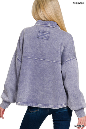 Acid Wash Fleece Cropped Shacket with Front Pockets by Zenana