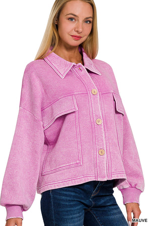 Acid Wash Fleece Cropped Shacket with Front Pockets by Zenana