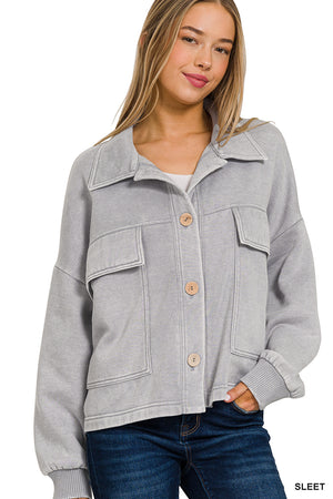 Acid Wash Fleece Cropped Shacket with Front Pockets by Zenana