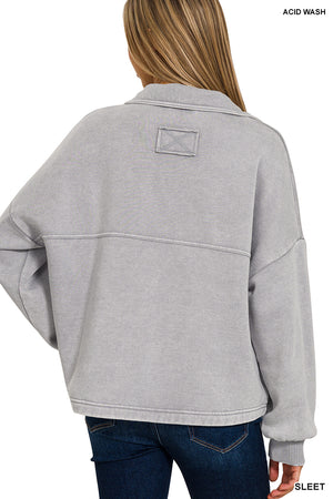 Acid Wash Fleece Cropped Shacket with Front Pockets by Zenana