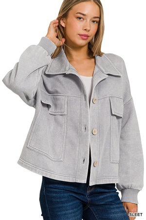 Acid Wash Fleece Cropped Shacket with Front Pockets by Zenana