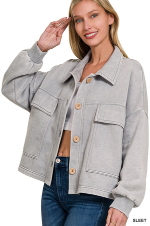 Acid Wash Fleece Cropped Shacket with Front Pockets by Zenana