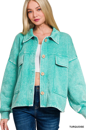 Acid Wash Fleece Cropped Shacket with Front Pockets by Zenana