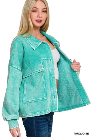 Acid Wash Fleece Cropped Shacket with Front Pockets by Zenana