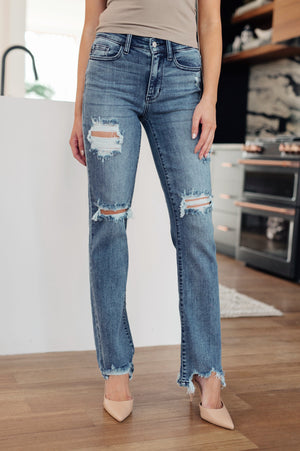 Judy Blue Mid Rise Destroy Straight Leg Chewed Hem Jeans