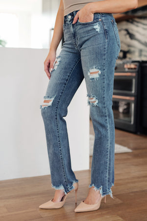 Judy Blue Mid Rise Destroy Straight Leg Chewed Hem Jeans