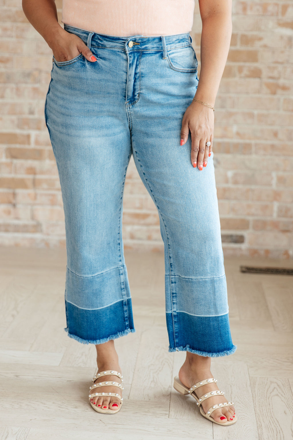 Judy Blue High Rise Wide Leg Crop Jeans with Release Hem in Medium Wash