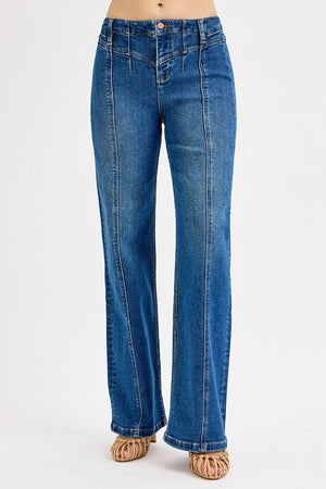 RISEN High Waist Wide Leg Front Yoke Seam Detail Dark Wash Jeans