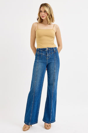RISEN High Waist Wide Leg Front Yoke Seam Detail Dark Wash Jeans
