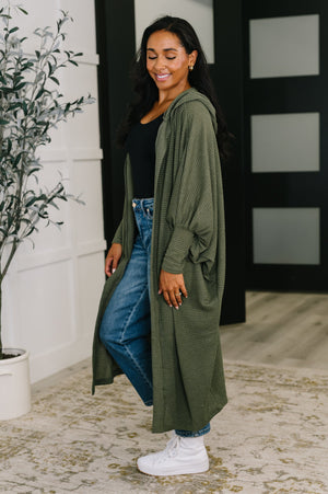 Pamper Travel Hooded Cardigan in Olive by Dear Scarlett