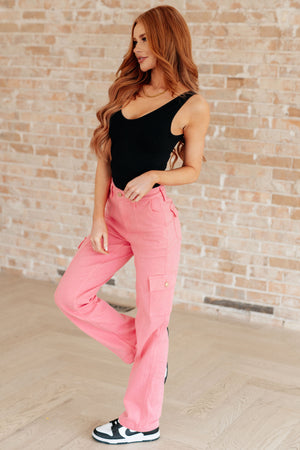 Judy Blue High Rise Cargo Straight Jeans in Garment Dyed Pink
