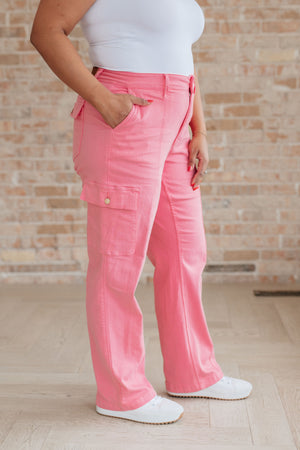Judy Blue High Rise Cargo Straight Jeans in Garment Dyed Pink