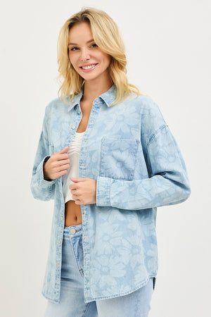 RISEN Light Wash Floral Print Denim Shacket