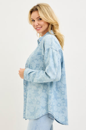 RISEN Light Wash Floral Print Denim Shacket