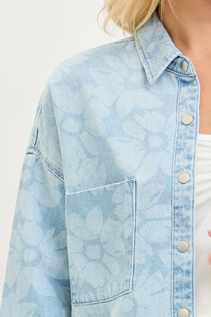 RISEN Light Wash Floral Print Denim Shacket