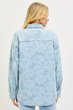 RISEN Light Wash Floral Print Denim Shacket