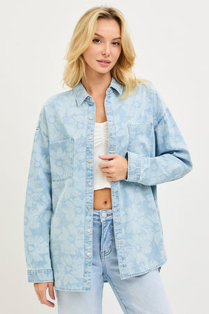RISEN Light Wash Floral Print Denim Shacket