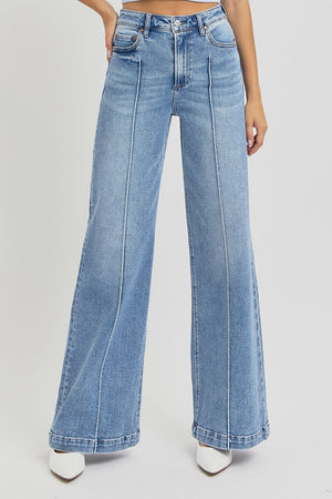 Risen High Waist Wide Leg Pin Tuck Detail Jeans