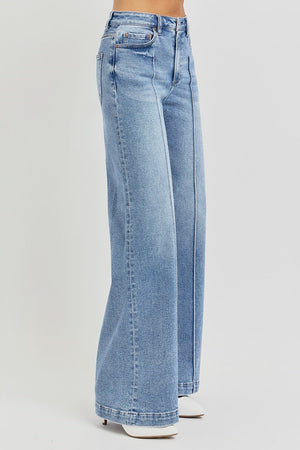 Risen High Waist Wide Leg Pin Tuck Detail Jeans