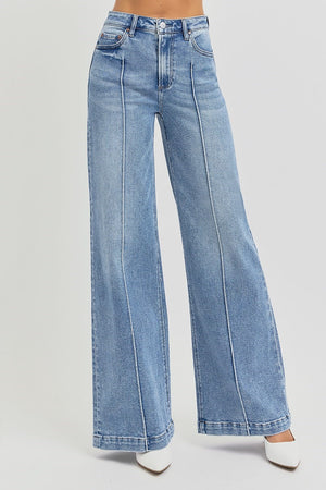 Risen High Waist Wide Leg Pin Tuck Detail Jeans