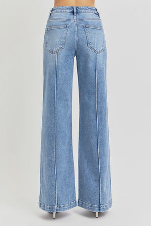 Risen High Waist Wide Leg Pin Tuck Detail Jeans