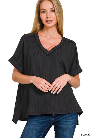 Zenana Corded Rib Short Sleeve High Low V Neck Top - 11 Colors