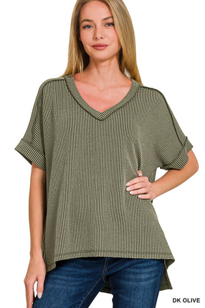 Zenana Corded Rib Short Sleeve High Low V Neck Top - 11 Colors