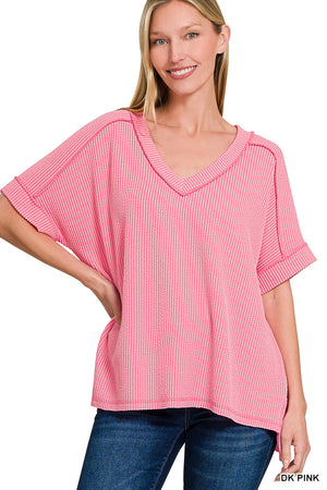 Zenana Corded Rib Short Sleeve High Low V Neck Top - 11 Colors